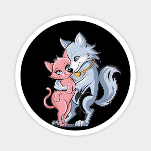 Smaller Pink Cat, with the Wolf’s Arm around the Cat’s Shoulder, Both Displaying Human-Like Expressions of Gentle Smiling and Contentment Magnet